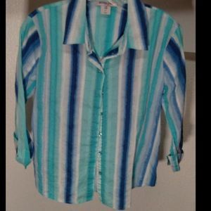 Allison Daley Petites Striped Button Up Blouse 3/4 Sleeves PS